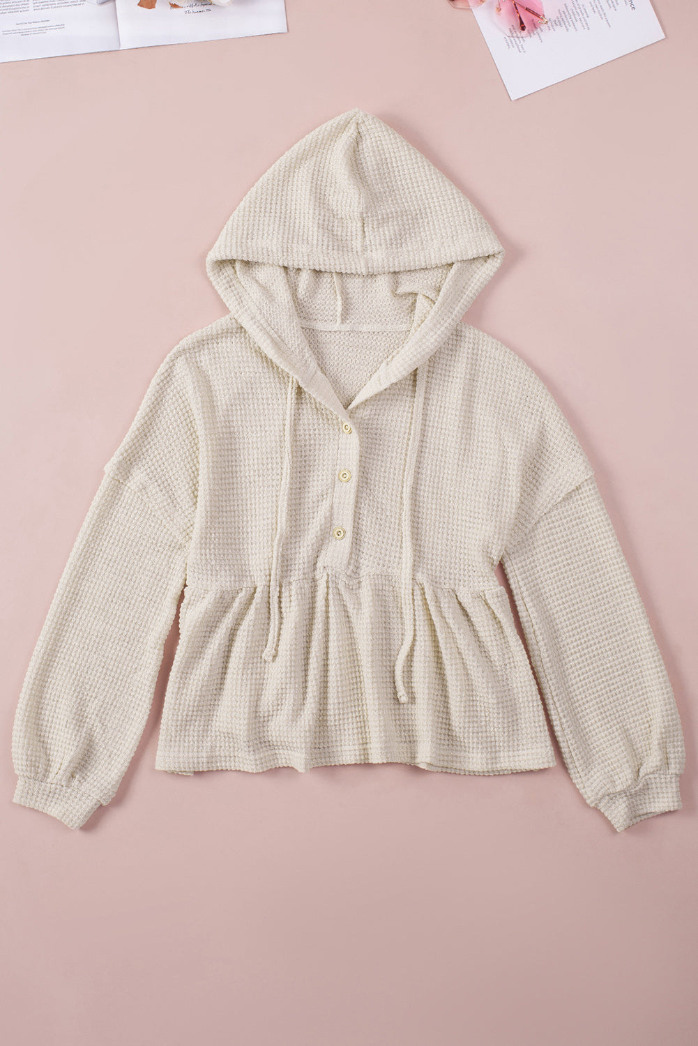 Waffle Knit Buttons Ruffled Hooded Top | Apricot