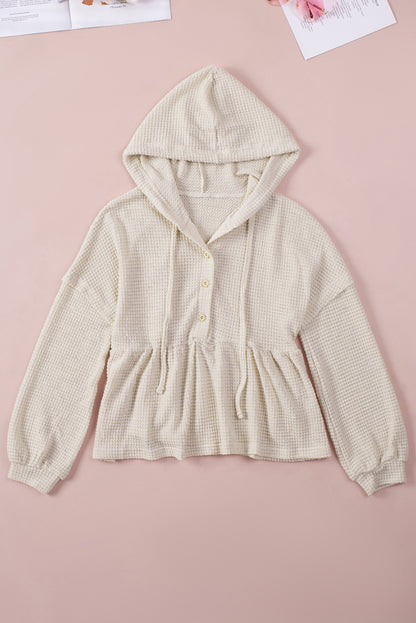 Waffle Knit Buttons Ruffled Hooded Top | Apricot