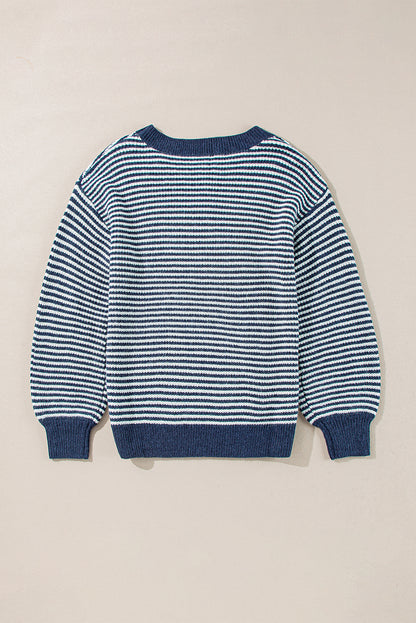 Striped Lantern Sleeve Drop Shoulder Cozy Sweater | Sail Blue