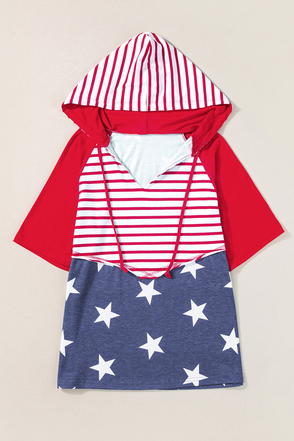 Stars And Stripes Print Drawstring Hooded T Shirt | Fiery Red