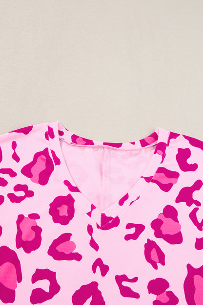 Leopard Print V Neck Plus Size Tee | Rose