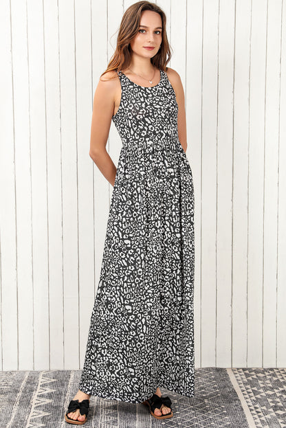 Leopard Print Pocketed Sleeveless Maxi Dress | Gray