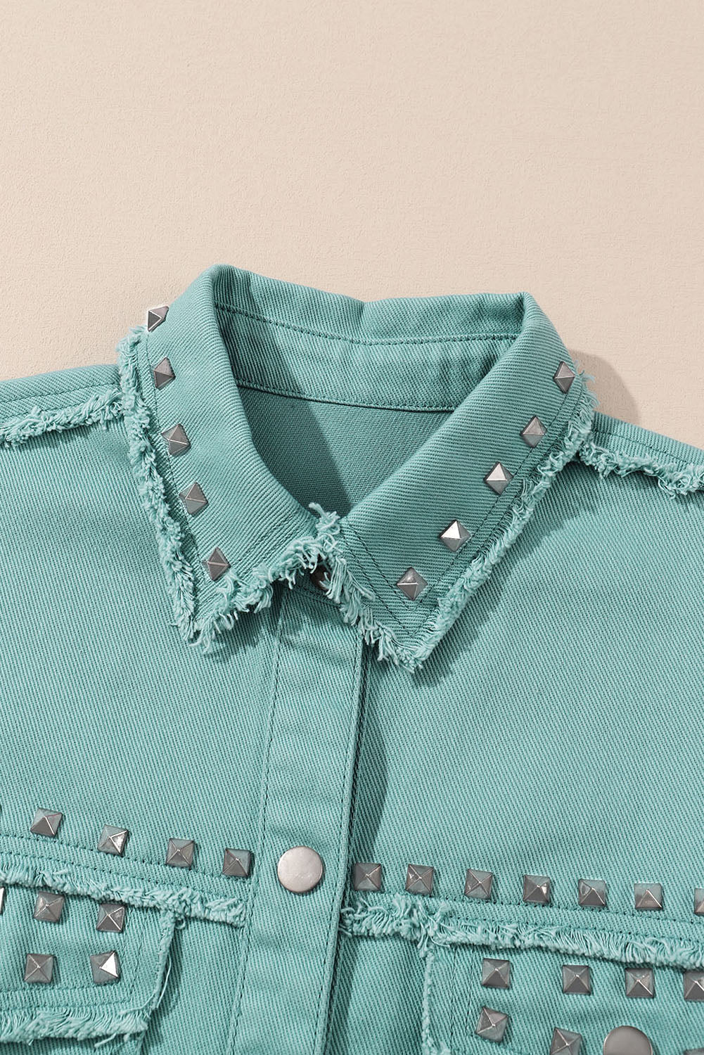 Frayed Trim Riveted Denim Jacket | Mist Green