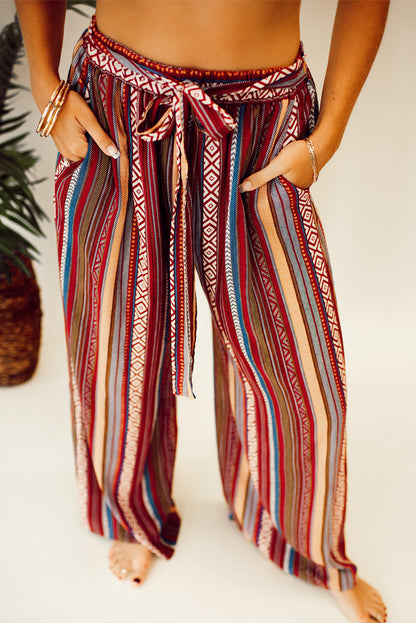 Boho Ethnic Striped Print Tie Waist Wide Leg Pants | Red