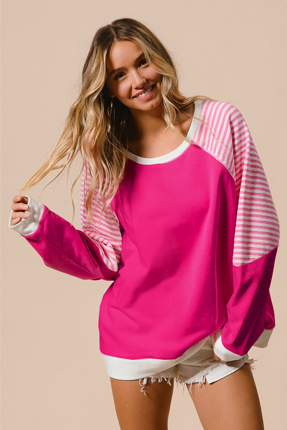 Striped Patchwork Crew Neck Raglan Sleeve Top | Strawberry Pink