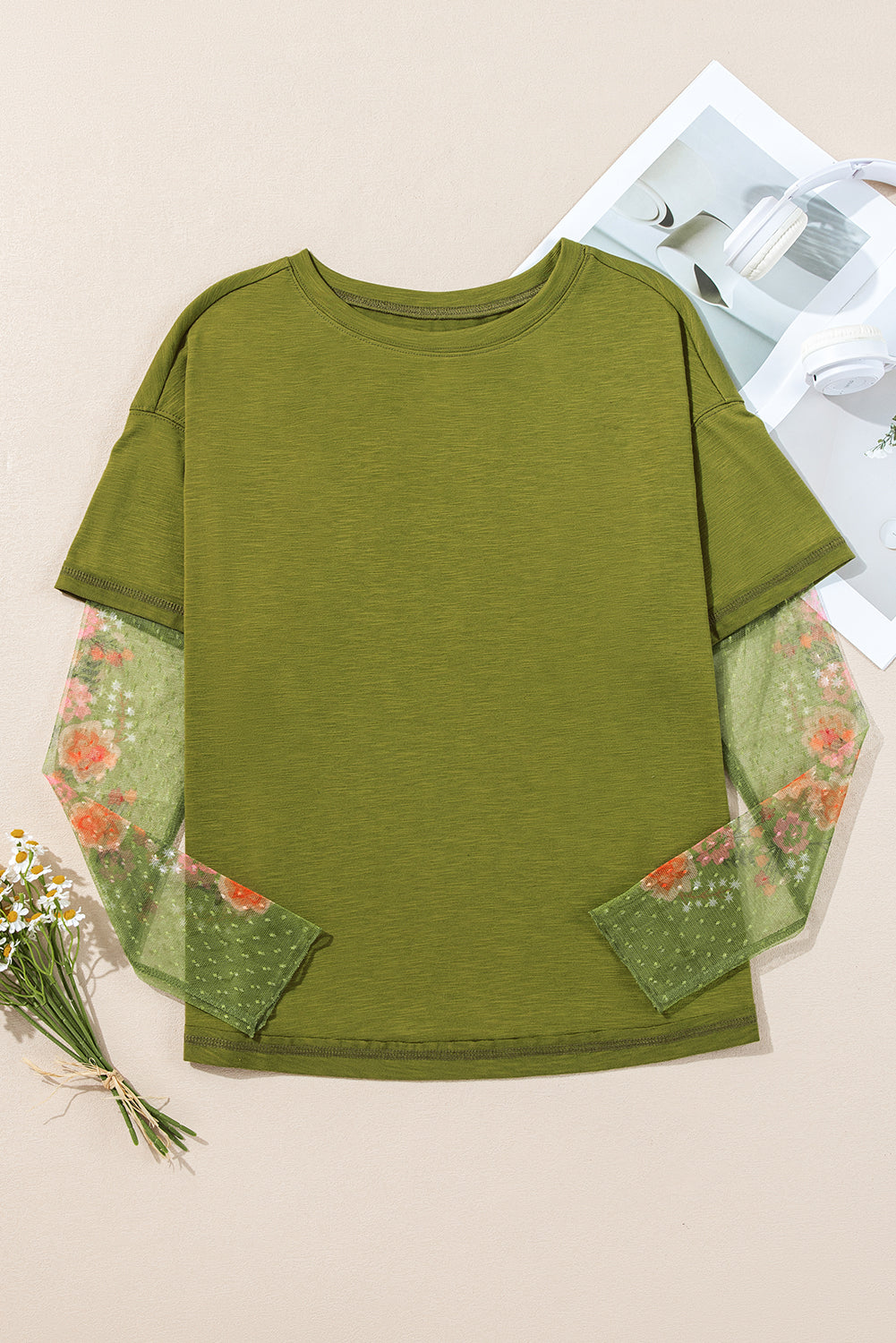 Faux Two Piece Floral Long Sleeve Patchwork Tee | Fern Green