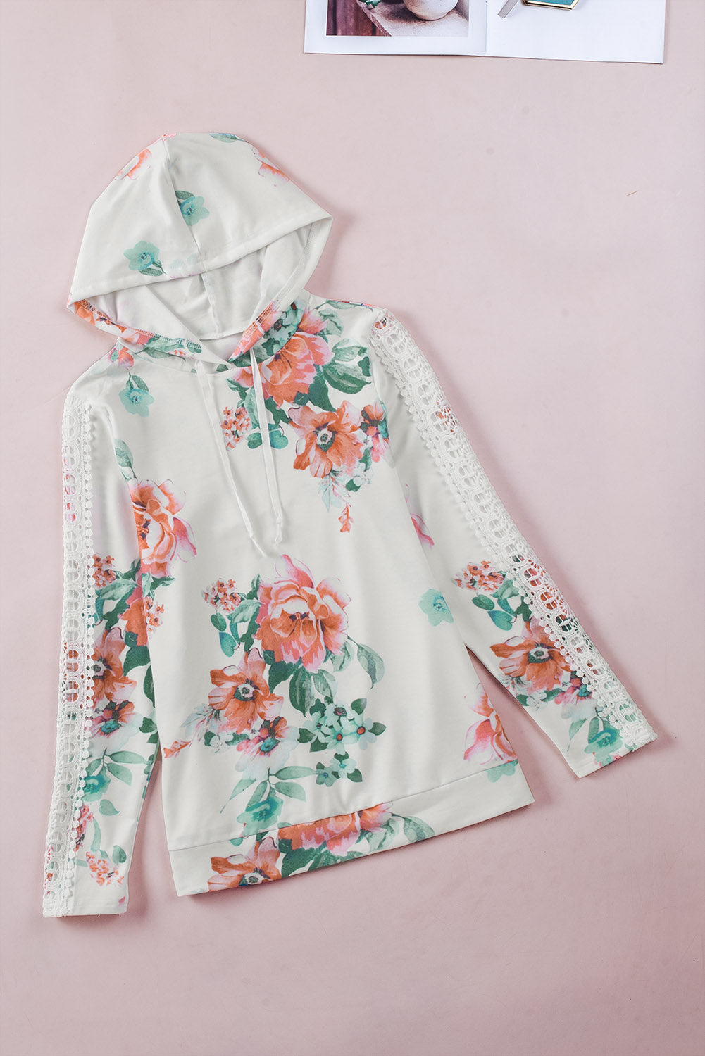 Floral Print Lace Contrast Long Sleeve Hoodie | Apricot