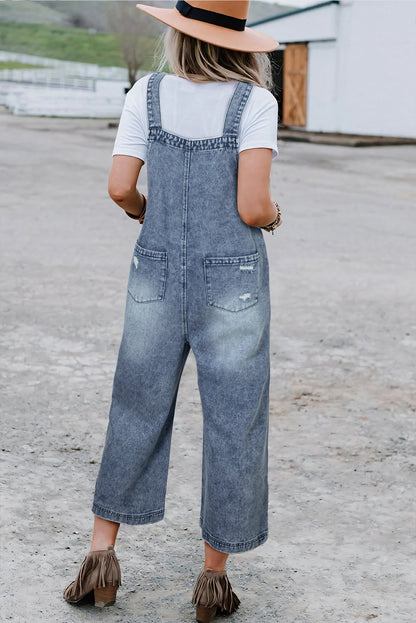 Distressed Bib Pocket Wide Leg Denim Overall | Stone Blue