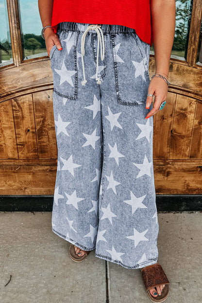 Star Print Light Wash Drawstring High Waist Wide Leg Jeans | Light Blue