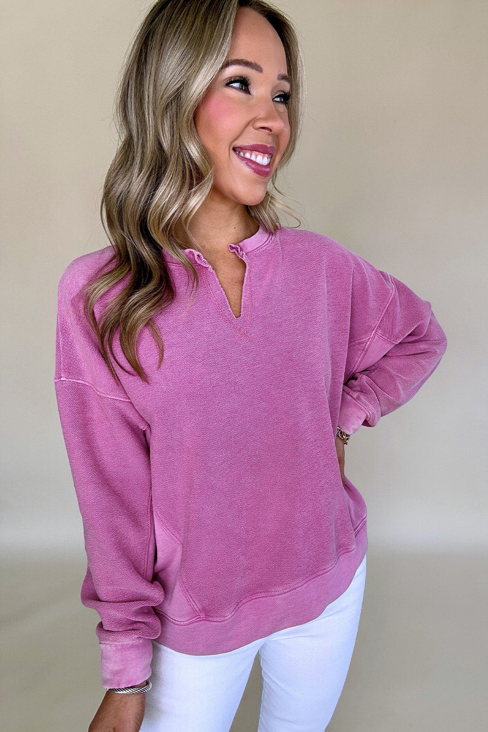 Solid Colour Notched Neck Drop Shoulder Sweatshirt | Bright Pink