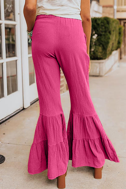 Textured High Waist Ruffled Bell Bottom Pants | Rose