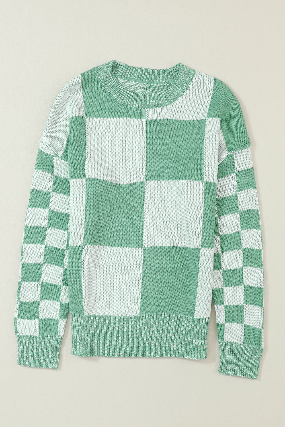 Checkered Print Drop Shoulder Sweater | Mint Green