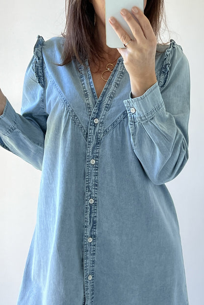 Ruffled V Neck Buttoned Shift Denim Dress | Myosotis