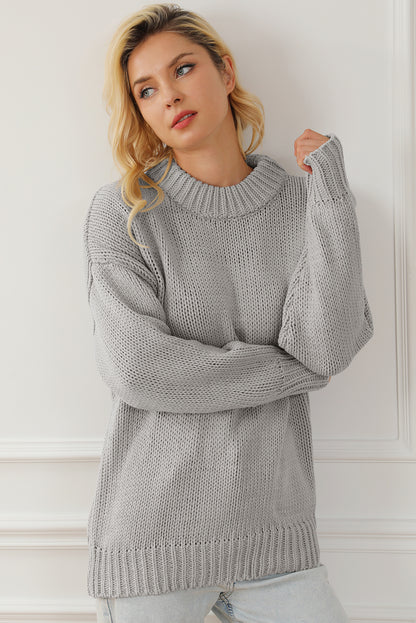 Chunky Knit Turtle Neck Drop Shoulder Sweater | Light Grey