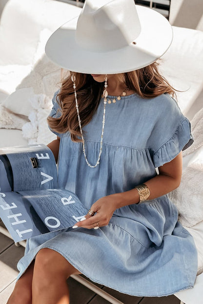 Ruffle Short Sleeve Tiered A-Line Denim Dress | Beau Blue