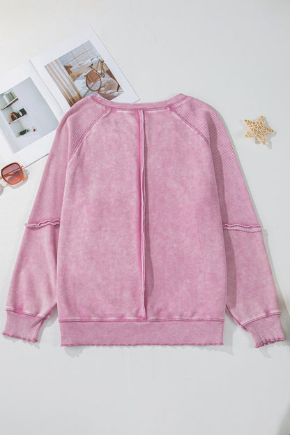 Solid Waffle Knit Patchwork Raglan Sleeve Sweatshirt | Pink