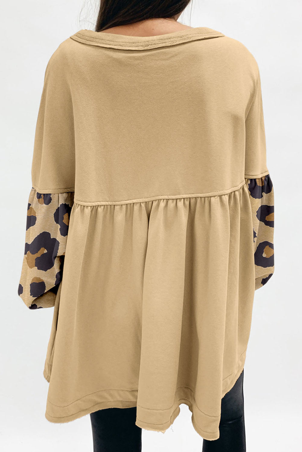 Leopard Splicing Sleeve Ruffle Loose Sweatshirt | Khaki