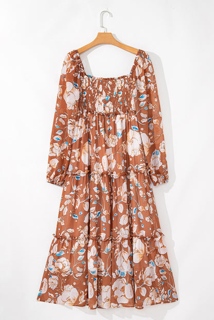 Floral Print Shirred Square Neck High Waist Maxi Dress | Brown