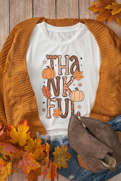 Thankful Pumpkin Leaves Graphic Crewneck Thanksgiving T Shirt | White