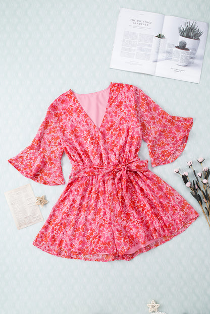 V Neck Ruffled Sleeve Floral Romper | Pink