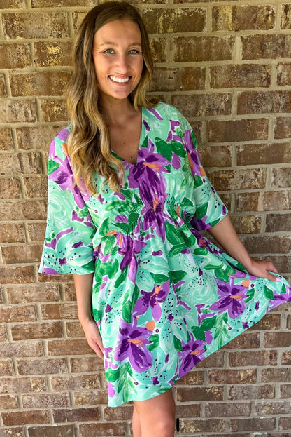 Boho Floral Half Sleeve V Neck Shirred Waist Mini Dress | Green