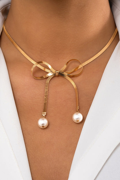 Pearly Bow Plated Collarbone Necklace | Gold