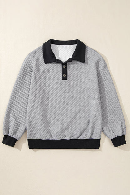 Textured Colourblock Edge Buttoned Collar Sweatshirt | Light Grey