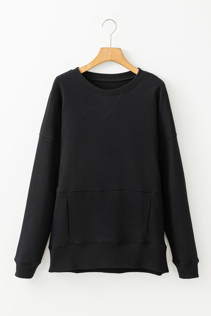 Drop Shoulder Crisscross Stitching Pocketed Loose Sweatshirt | Black