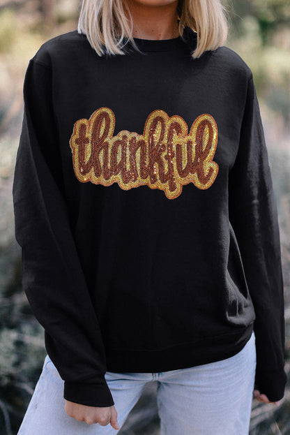 Glittering Thankful Graphic Drop Shoulder Sweatshirt | Black