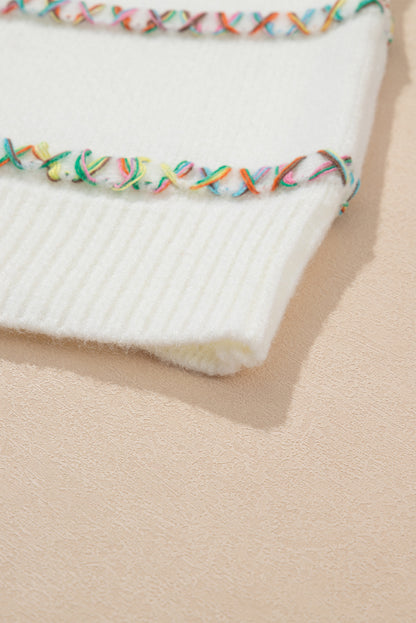 Colourful Crossed Stitch Drop Shoulder Sweater | White