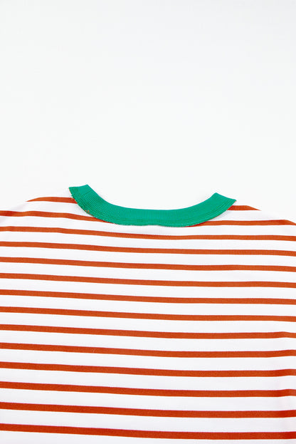 Oversized Contrast Trim Exposed Seam High Low T Shirt | Orange Stripe