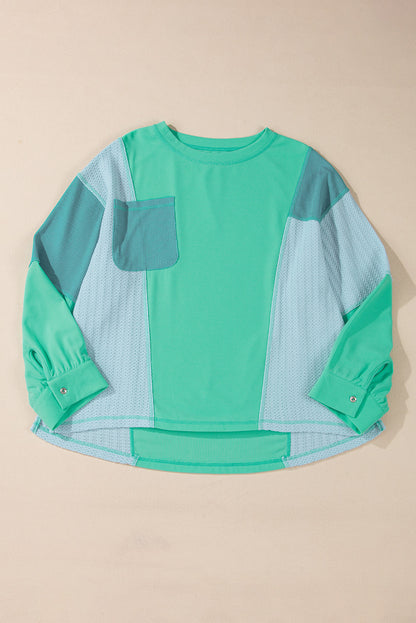 Colourblock Stitching Patchwork Buttoned Long Sleeve Top | Green