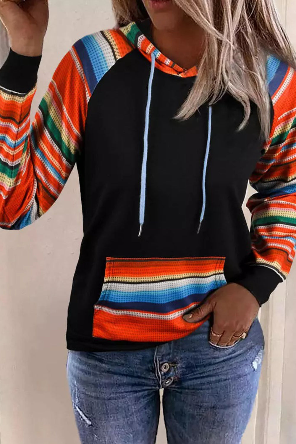 Colourful Striped Patchwork Kangaroo Pocket Hoodie | Multicolour