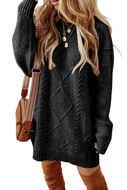 Cable Knit Drop Shoulder Loose Fit Sweater Dress | Black