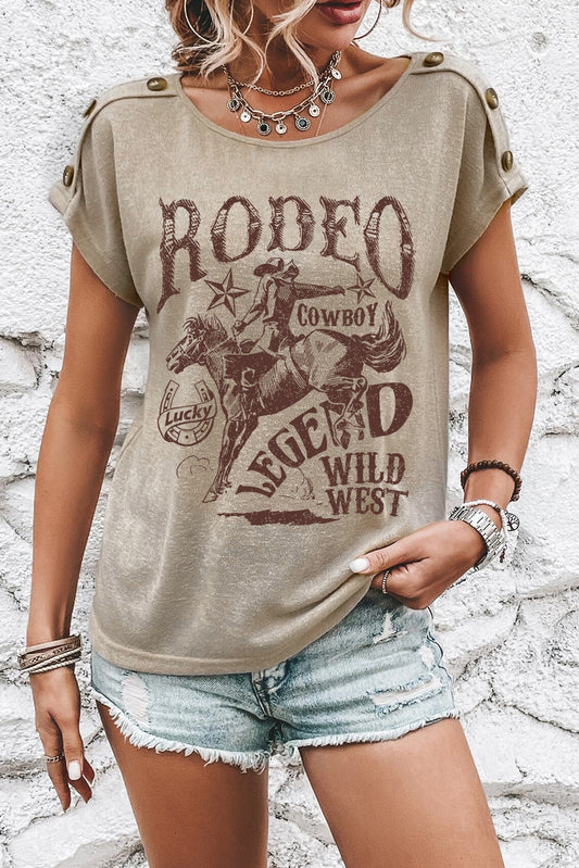 Smoke Gray RODEO Cowboy Graphic Buttoned Batwing Sleeve T Shirt