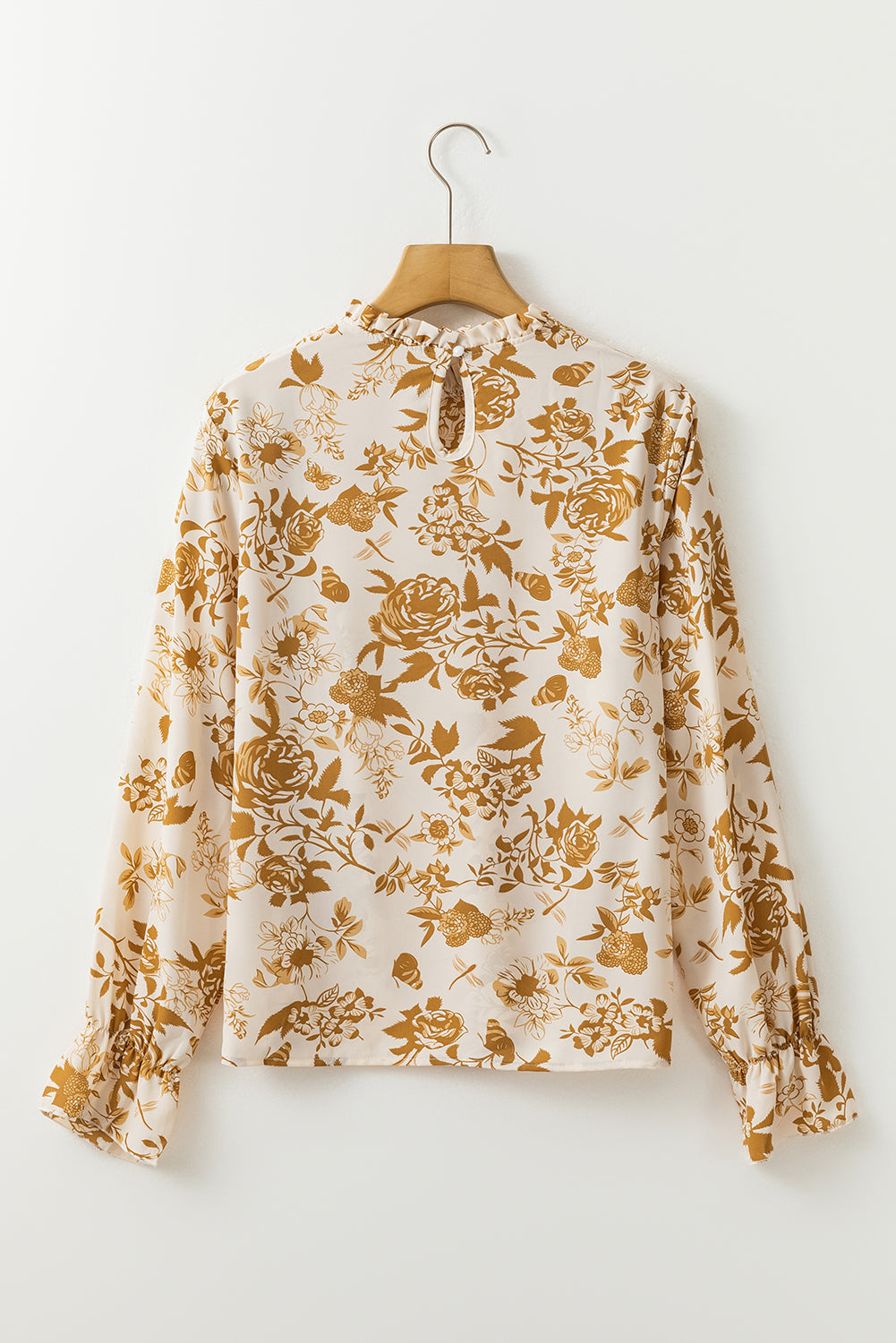 Floral Print Frilled Neckline Flounce Sleeve Blouse | White