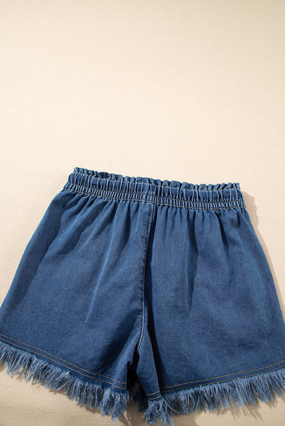 Raw Hem Drawstring High Waist Denim Shorts With Pockets | Ashleigh Blue