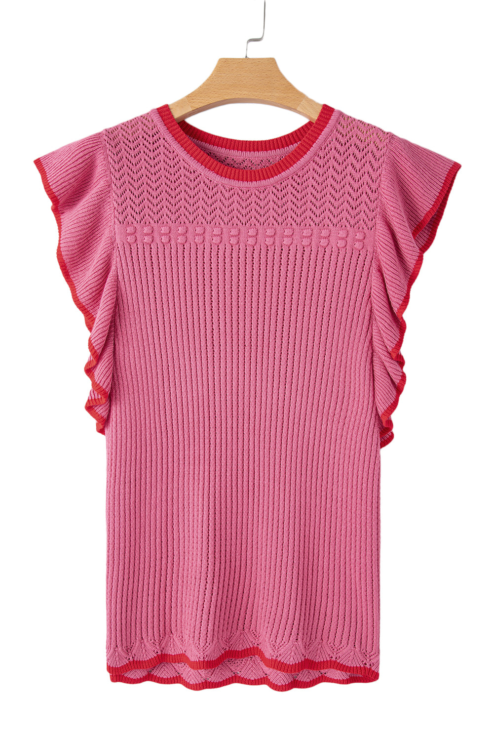 Ruffled Contrast Trim Plus Size Short Sleeve Sweater | Rose Red