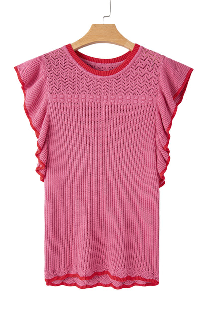 Ruffled Contrast Trim Plus Size Short Sleeve Sweater | Rose Red