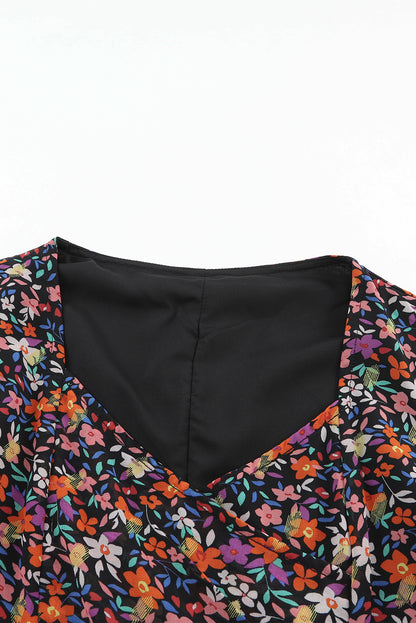 V Neck Bubble Sleeve Floral Blouse | Black