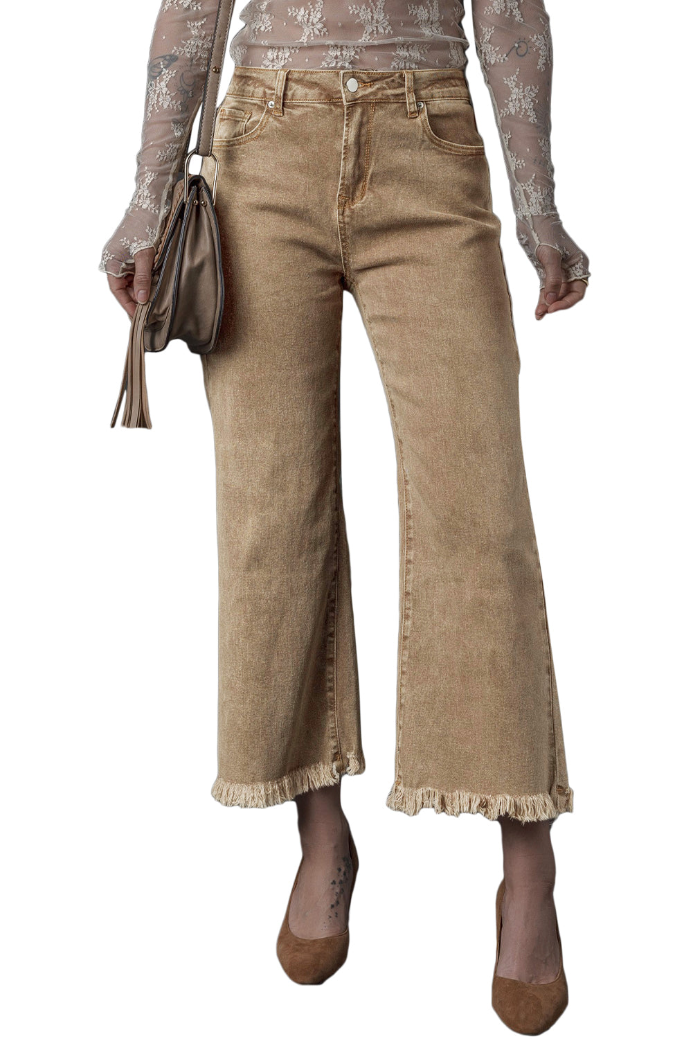 Acid Washed High Rise Cropped Wide Leg Jeans | Light French Beige