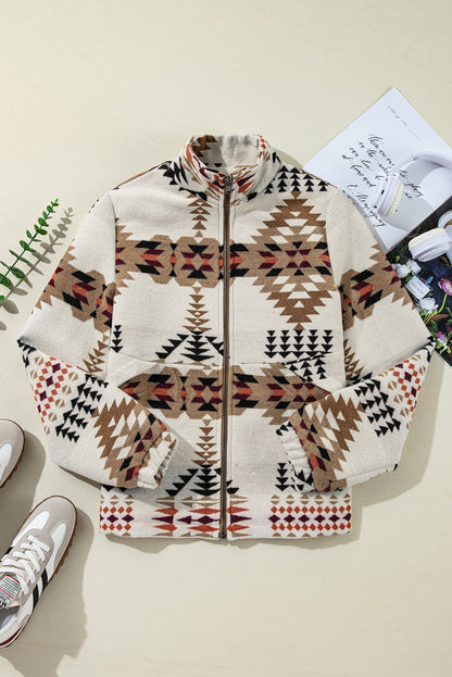 Aztec Printed Stand Neck Zip Up Jacket | Beige