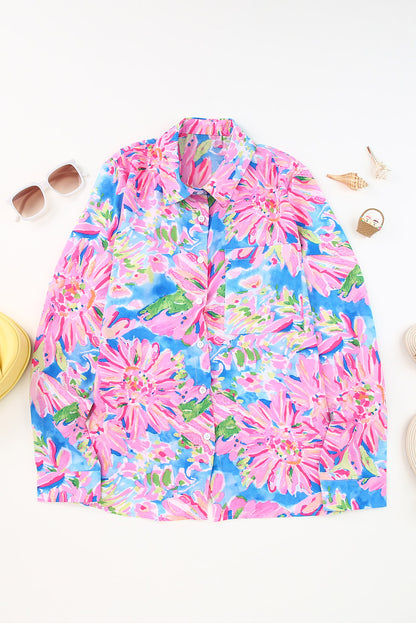 Abstract Floral Print Buttoned Sheath Long Sleeve Shirt | Pink