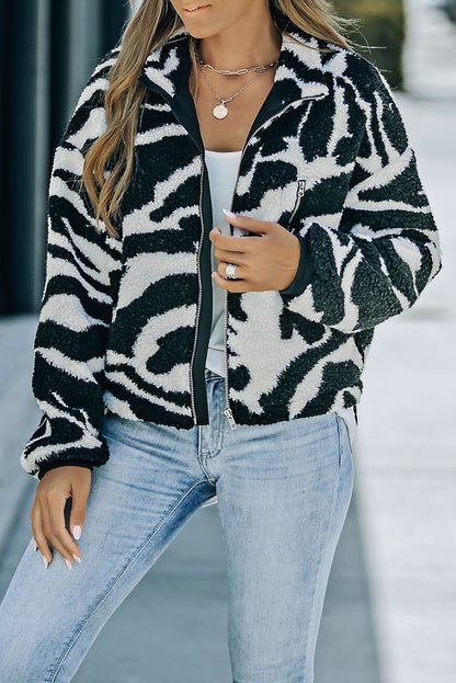 Zebra Teddy Zip-Up High Neck Jacket | Black