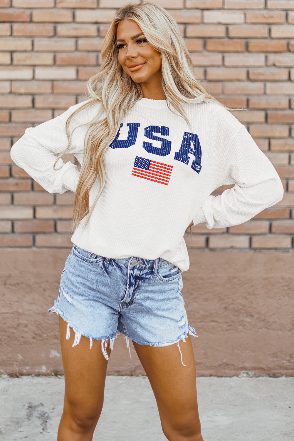 Usa Flag Corded Graphic Sweatshirt | White