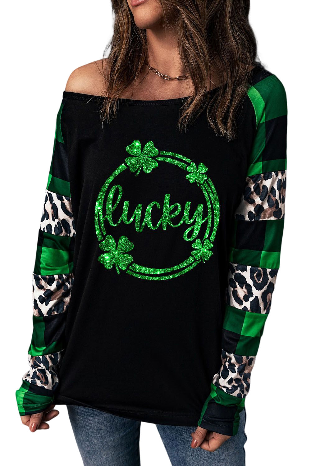 Lucky Clover Graphic Leopard Plaid Long Sleeve Top | Green