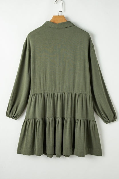 Puff Sleeve Buttoned Tiered Pleated Shirt Mini Dress | Jungle Green