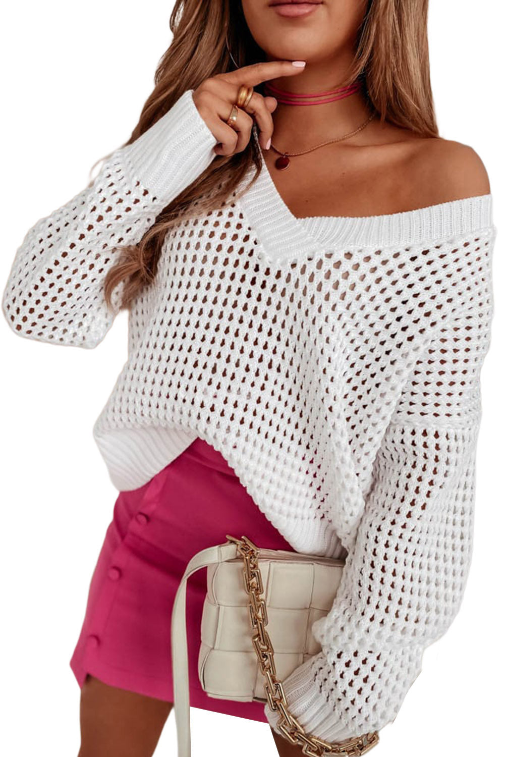 Hollow Out Knitted Loose Fit V Neck Sweater | White