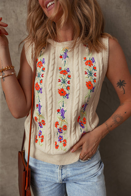 Embroidered Floral Cable Knit Sweater Vest | Jet Stream