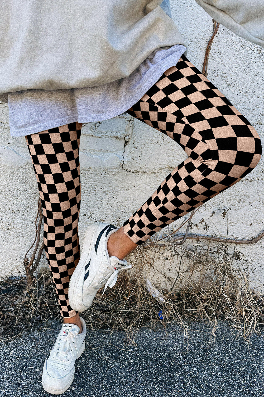 Checkered Pattern High Waist Skinny Leggings | Khaki